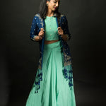 Mint Green Skirt and Crop Top Set with Embroidered Jacket - Anvi Couture