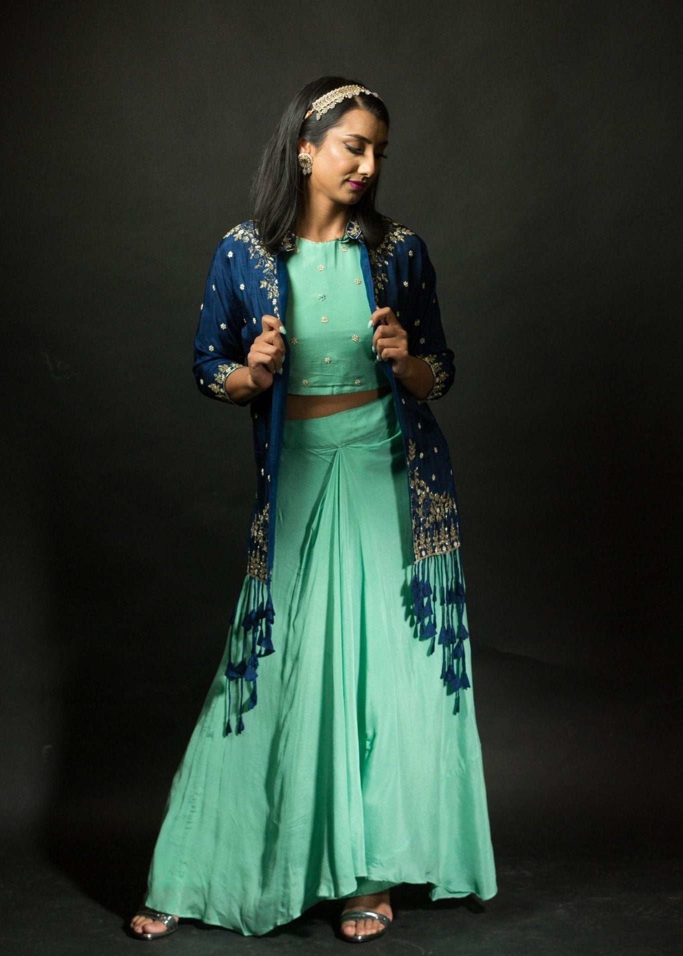 Mint Green Skirt and Crop Top Set with Embroidered Jacket - Anvi Couture