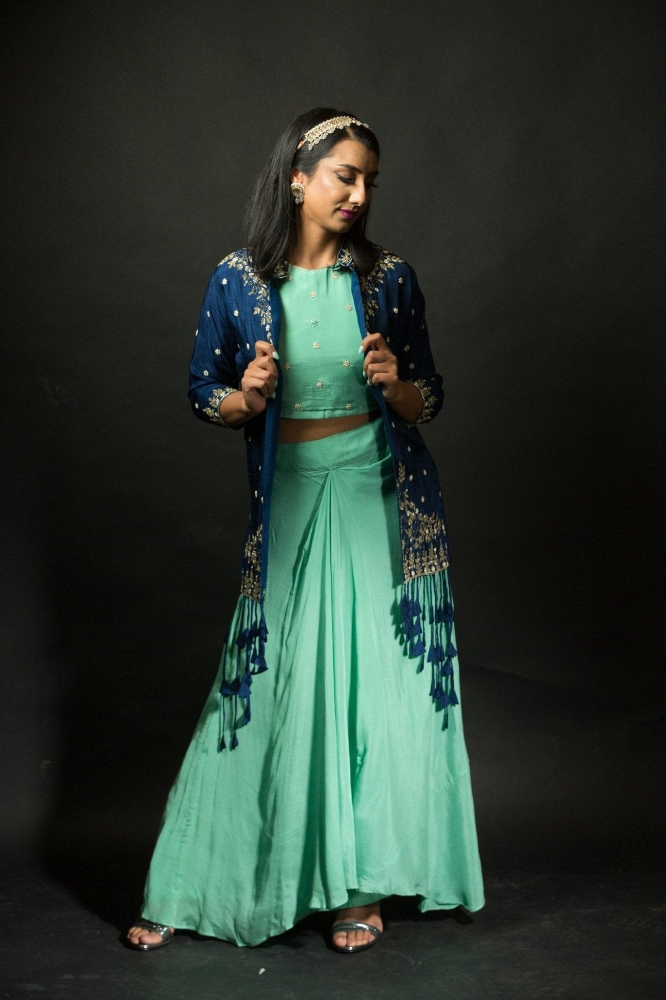 Mint Green Skirt and Crop Top Set with Embroidered Jacket - Anvi Couture