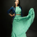 Mint Green Skirt and Crop Top Set with Embroidered Jacket - Anvi Couture