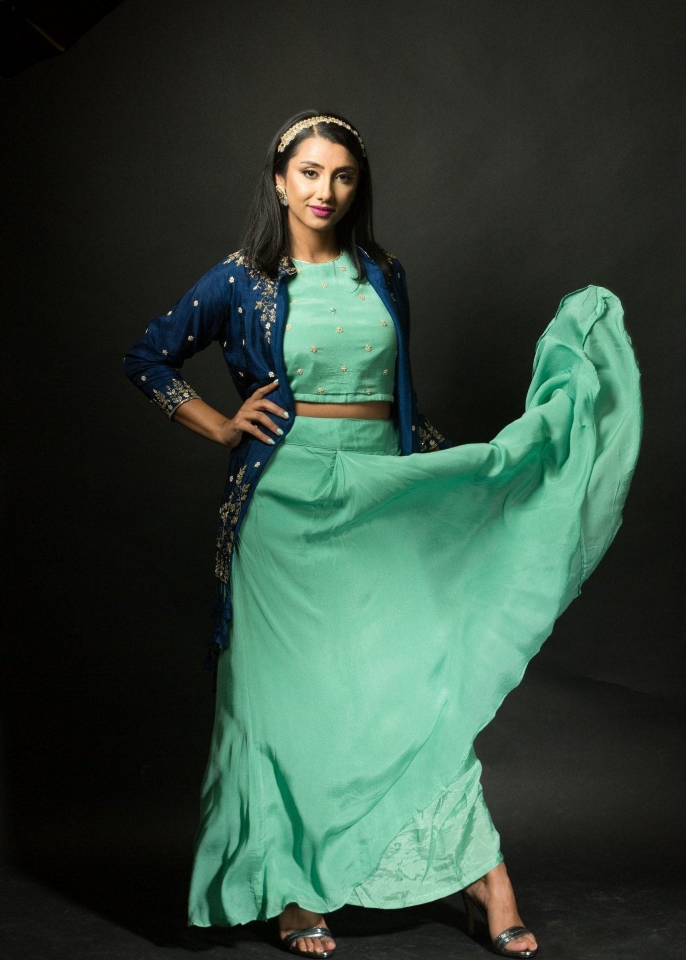 Mint Green Skirt and Crop Top Set with Embroidered Jacket - Anvi Couture