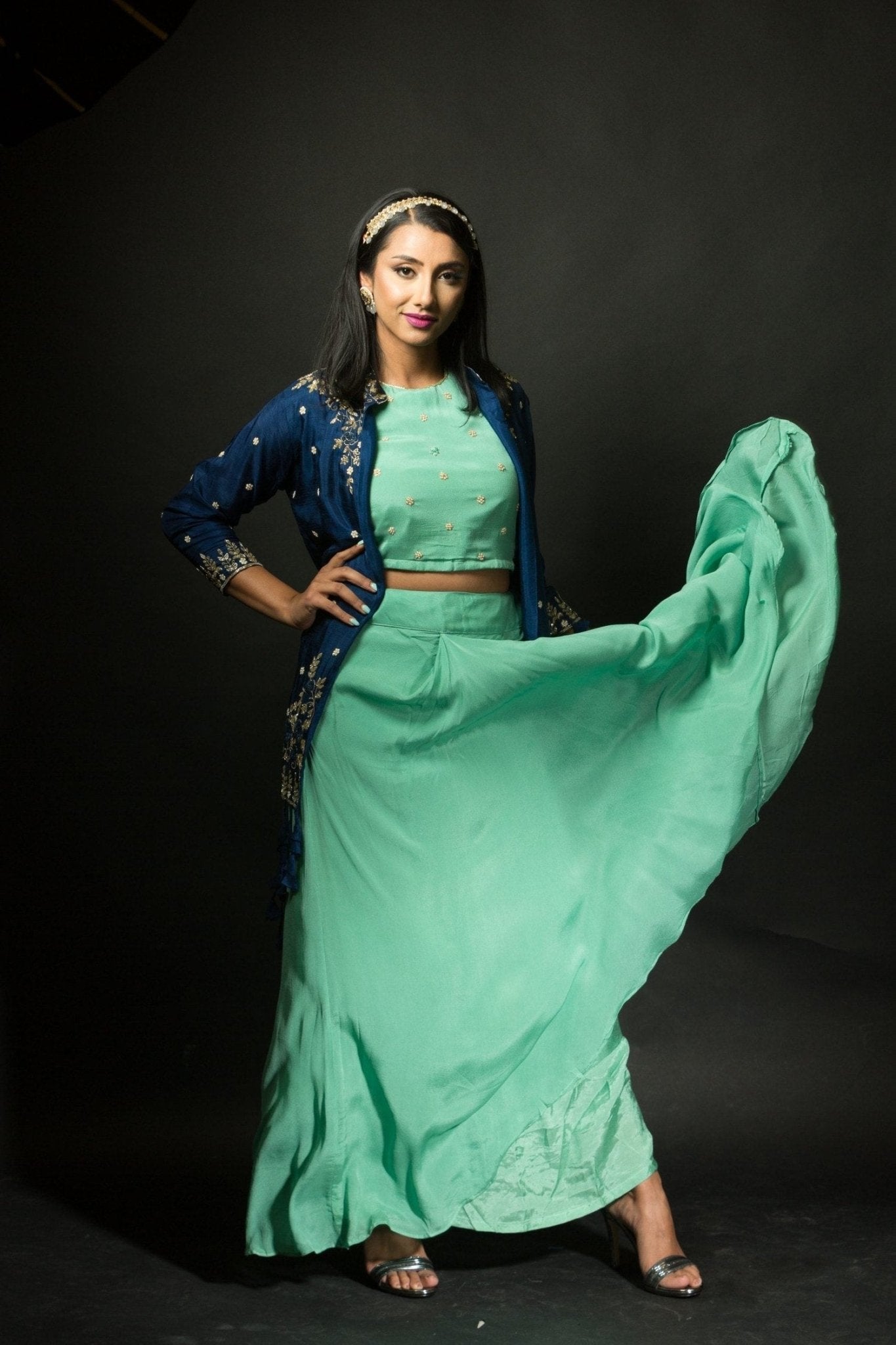 Mint Green Skirt and Crop Top Set with Embroidered Jacket - Anvi Couture