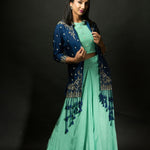 Mint Green Skirt and Crop Top Set with Embroidered Jacket - Anvi Couture