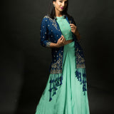 Mint Green Skirt and Crop Top Set with Embroidered Jacket - Anvi Couture