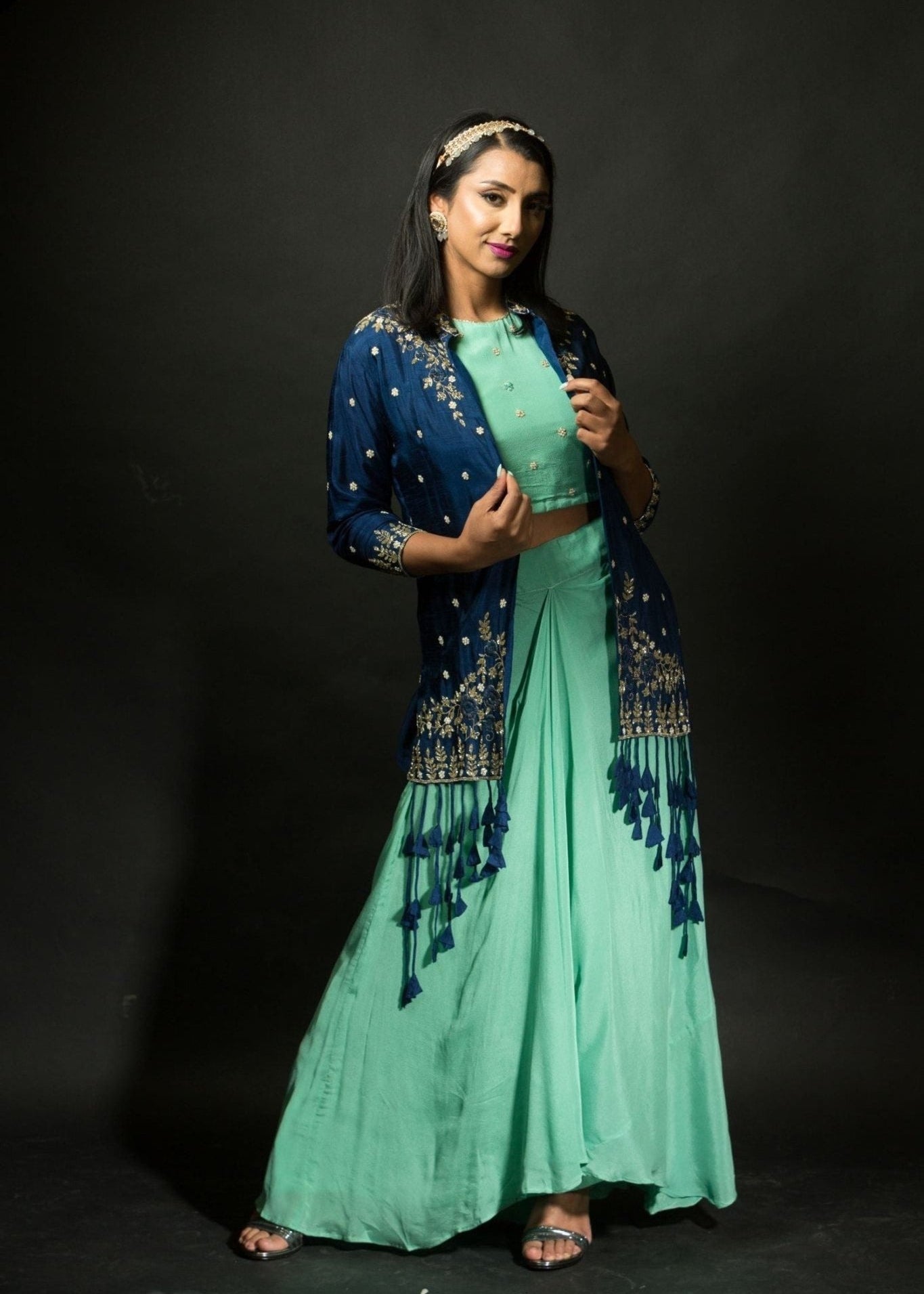 Mint Green Skirt and Crop Top Set with Embroidered Jacket - Anvi Couture
