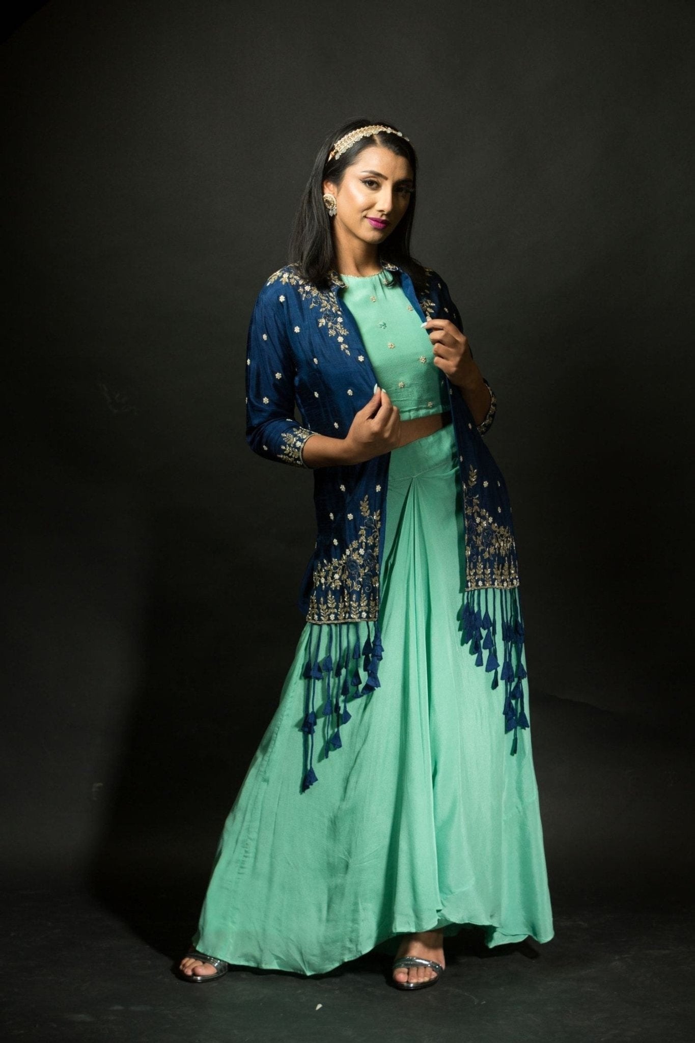 Mint Green Skirt and Crop Top Set with Embroidered Jacket - Anvi Couture