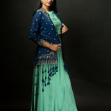 Mint Green Skirt and Crop Top Set with Embroidered Jacket - Anvi Couture