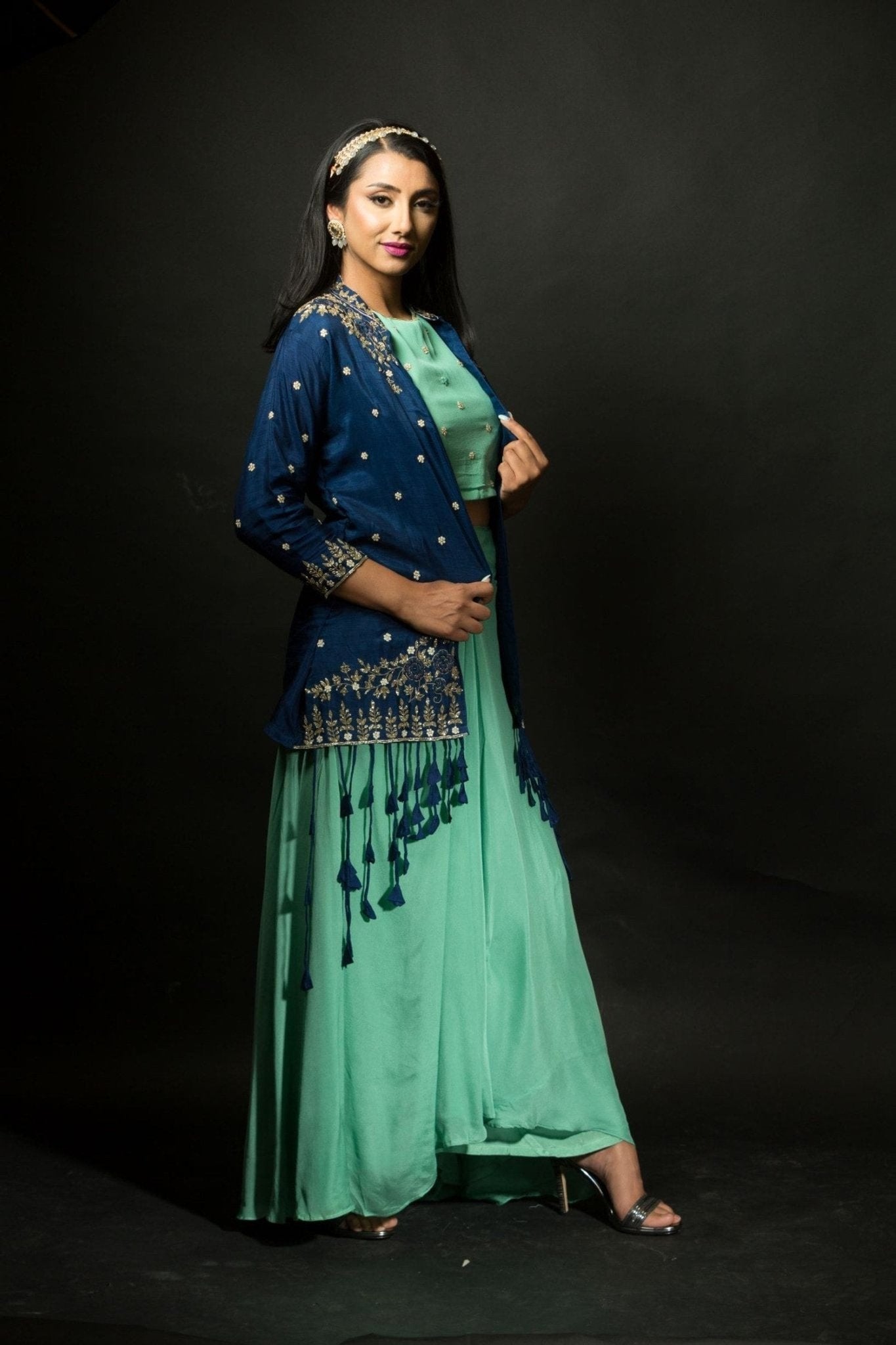 Mint Green Skirt and Crop Top Set with Embroidered Jacket - Anvi Couture