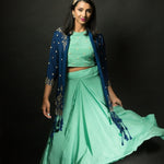 Mint Green Skirt and Crop Top Set with Embroidered Jacket - Anvi Couture