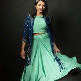 Mint Green Skirt and Crop Top Set with Embroidered Jacket - Anvi Couture