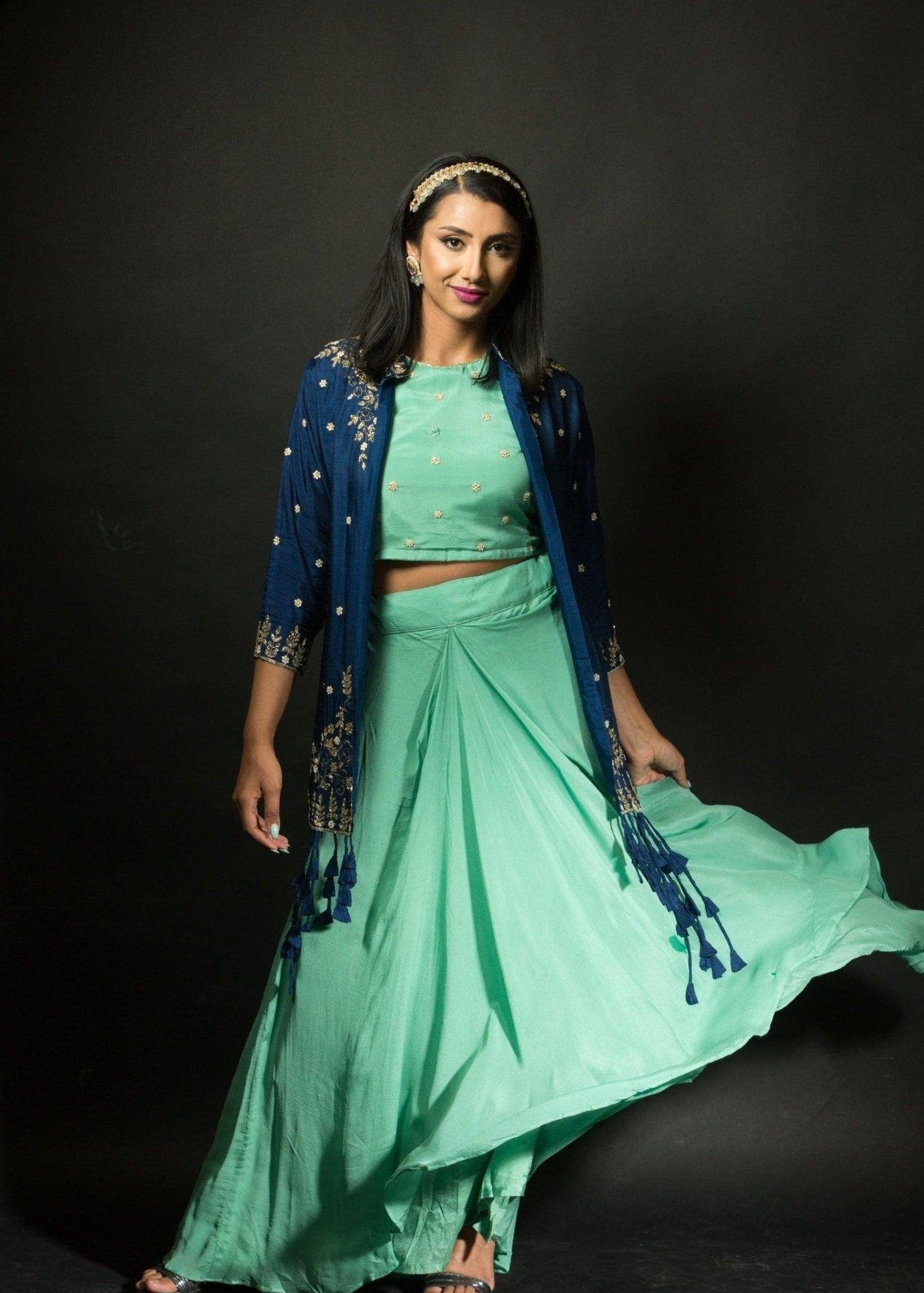 Mint Green Skirt and Crop Top Set with Embroidered Jacket - Anvi Couture