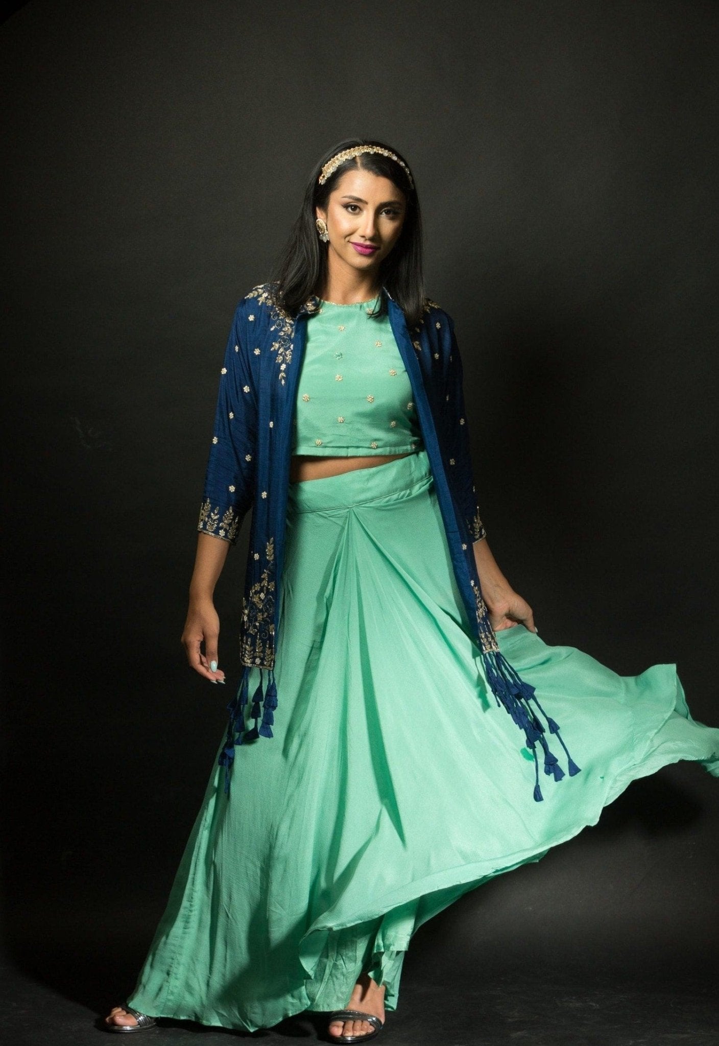 Mint Green Skirt and Crop Top Set with Embroidered Jacket - Anvi Couture