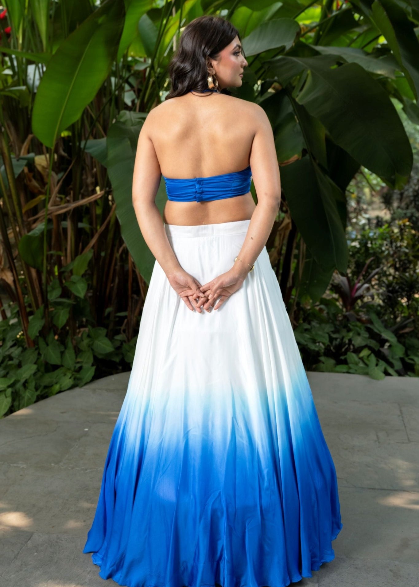 Open Back Ocean Mist Ombre Blue Lehenga with Handcrafted Top | Modern Indian Bride Beach Wedding Lehenga