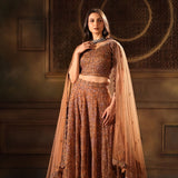 Mocha Brown Hand Embroidered Lehenga Set with Cut dana Embellishment -Front 2