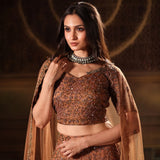 Mocha Brown Hand Embroidered Lehenga Set with Cut dana Embellishment - Close