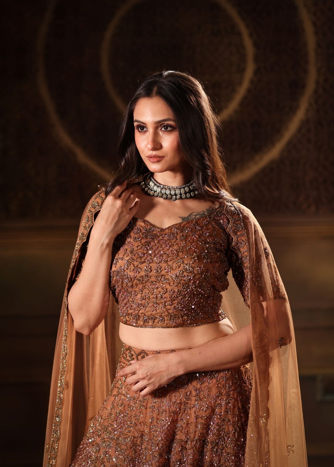 Mocha Brown Hand Embroidered Lehenga Set with Cut dana Embellishment - Close