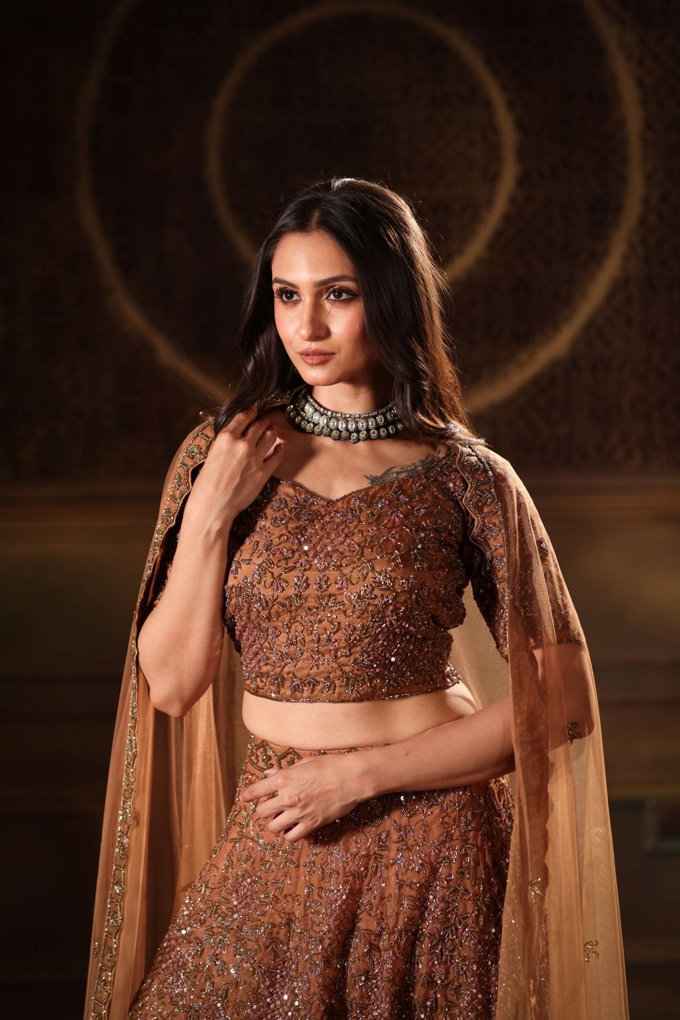 Mocha Brown Hand Embroidered Lehenga Set with Cut dana Embellishment - Close