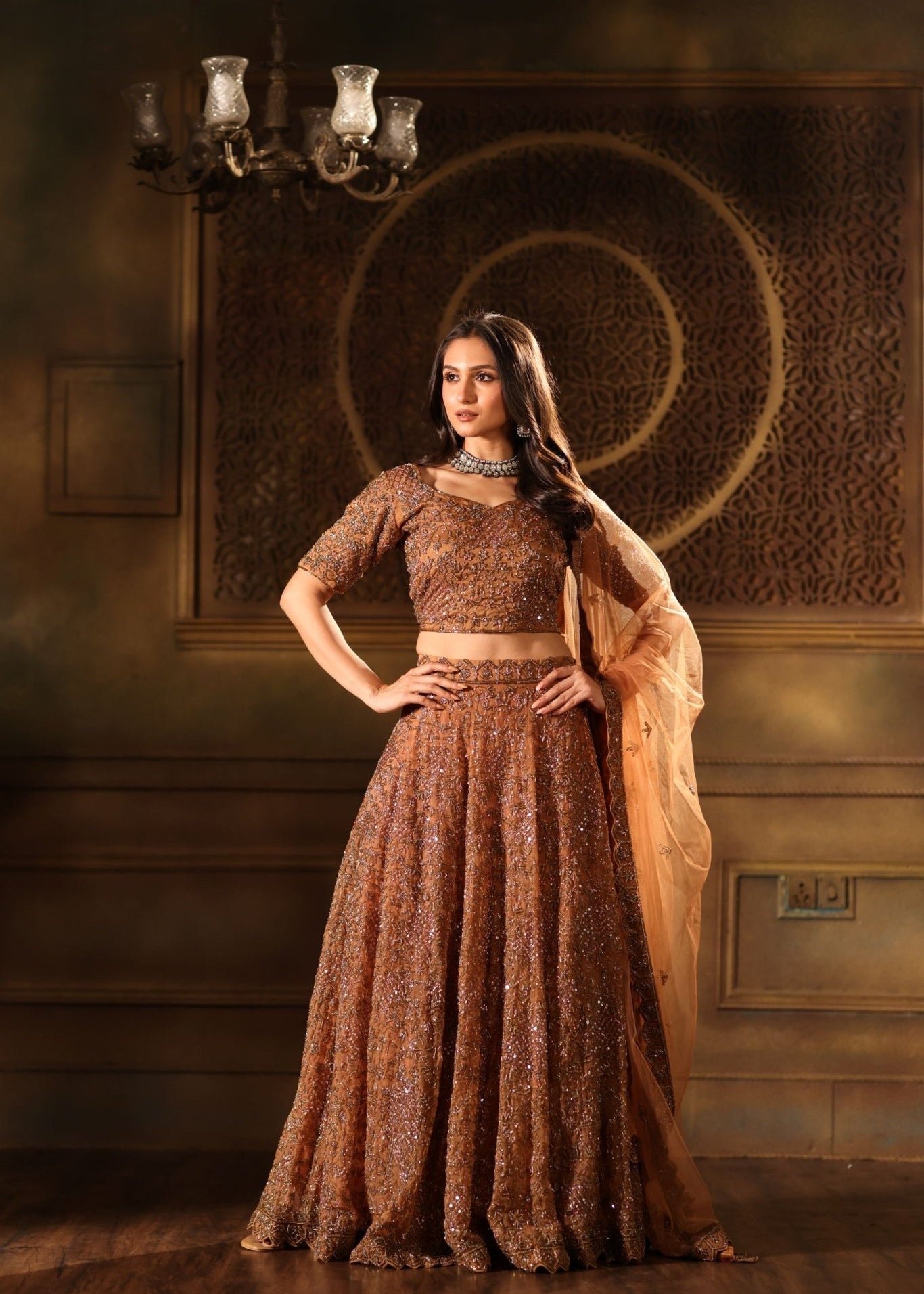 Mocha Brown Hand Embroidered Lehenga Set with Cut dana Embellishment - Anvi Couture