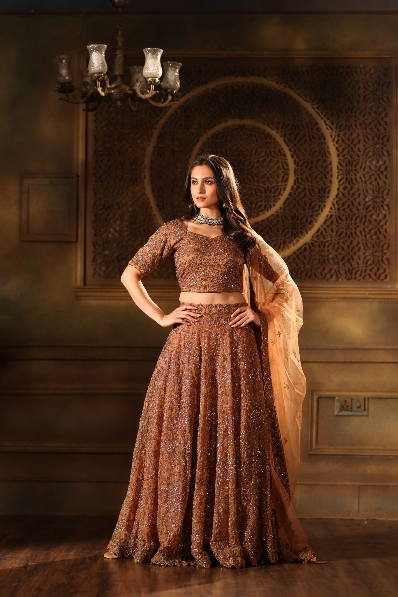 Mocha Brown Hand Embroidered Lehenga Set with Cut dana Embellishment - Anvi Couture