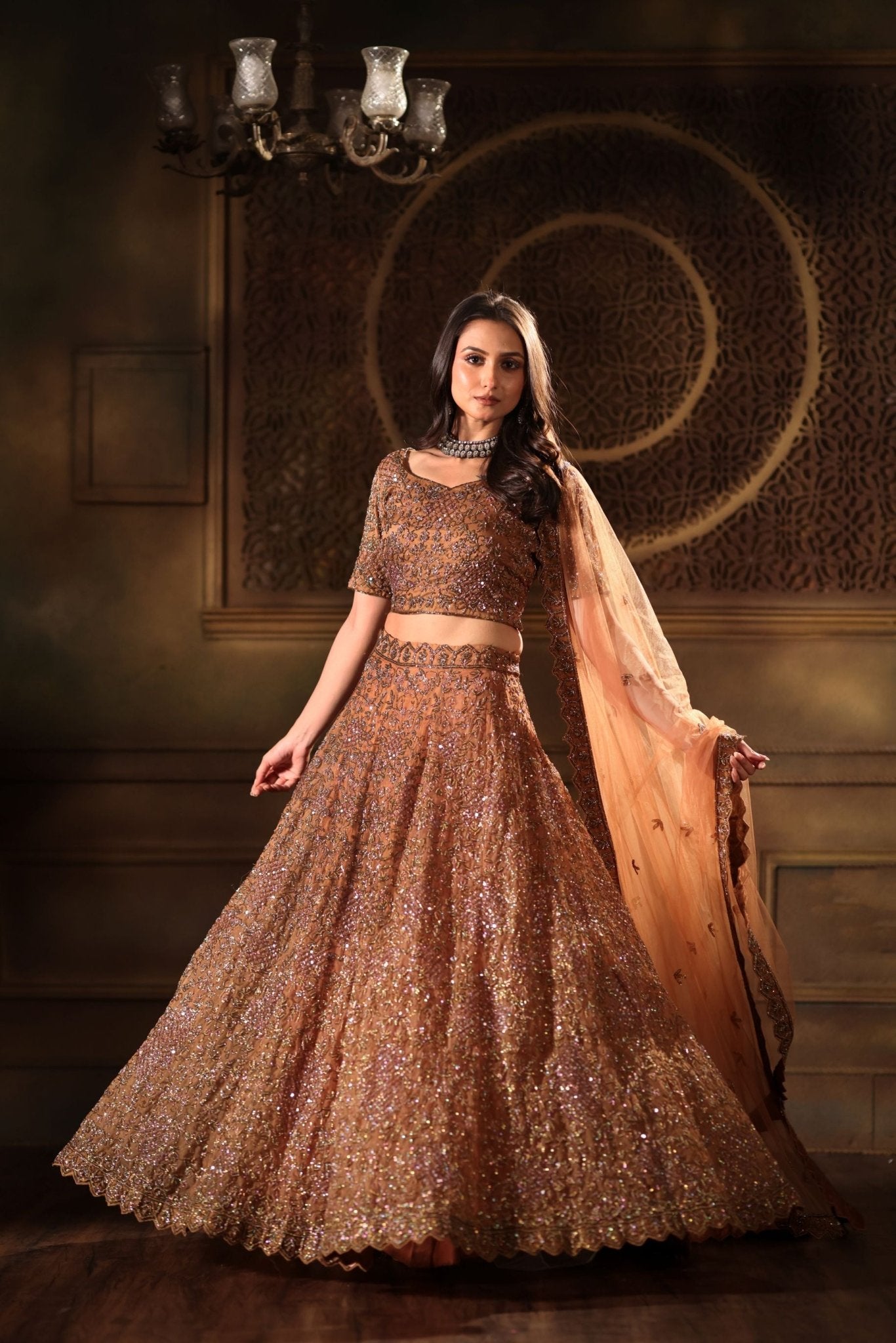Mocha Brown Hand Embroidered Lehenga Set with Cut dana Embellishment - Front 1