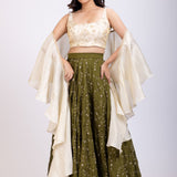 Moss Green and Beige Embroidered Ruffle Lehenga Set Full