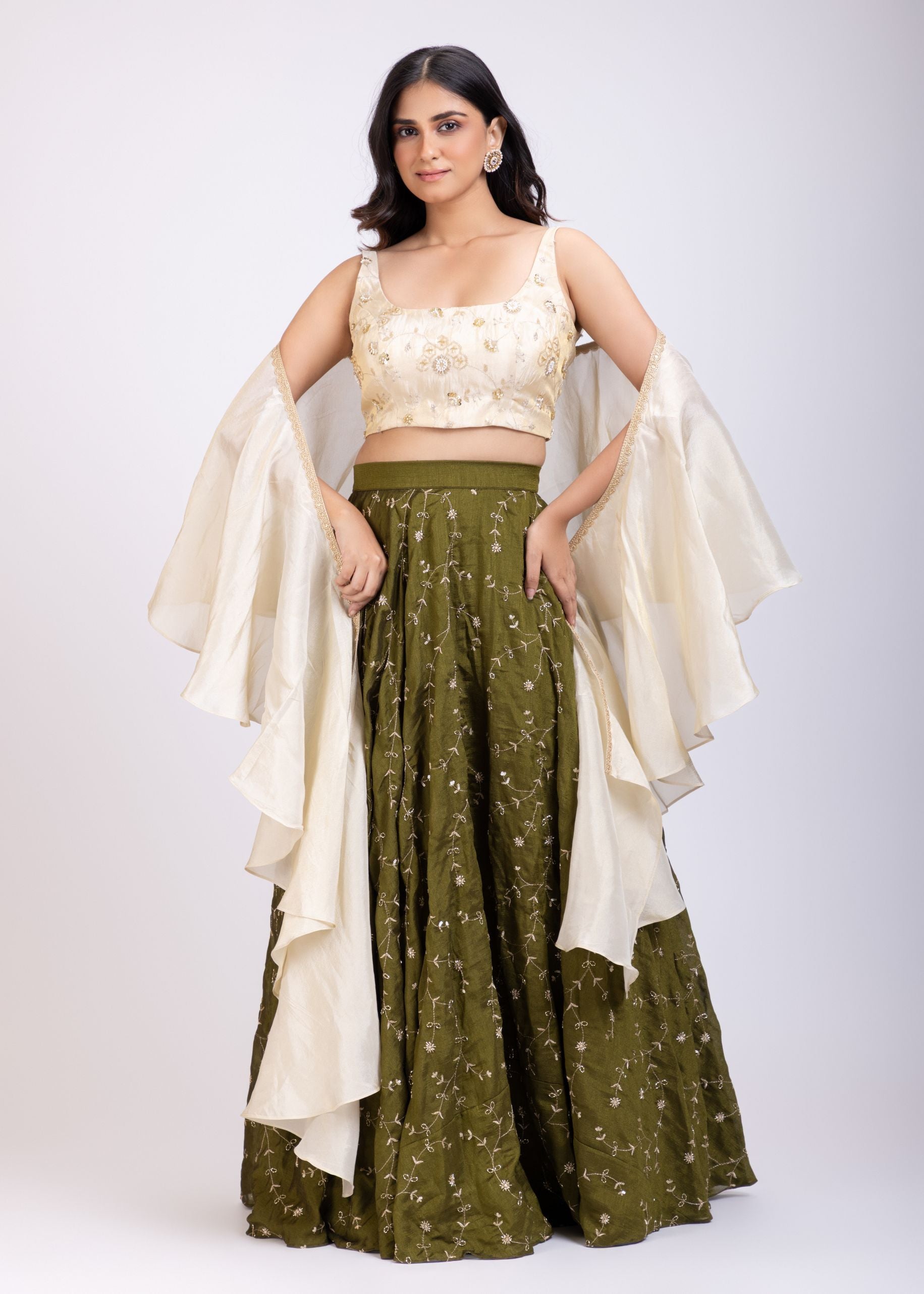 Moss Green and Beige Embroidered Ruffle Lehenga Set Full