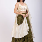Moss Green and Beige Embroidered Ruffle Lehenga Set Side