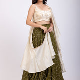Moss Green and Beige Embroidered Ruffle Lehenga Set Side
