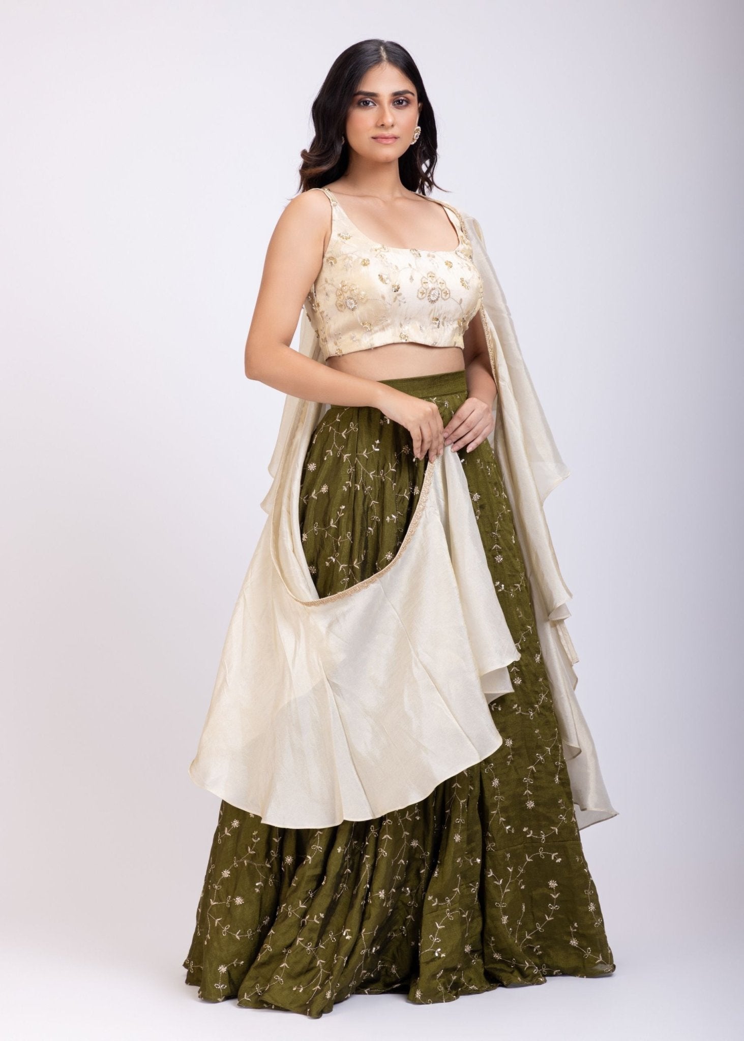 Moss Green and Beige Embroidered Ruffle Lehenga Set - Anvi Couture