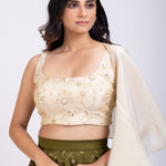 Moss Green and Beige Embroidered Ruffle Lehenga Set Close Up