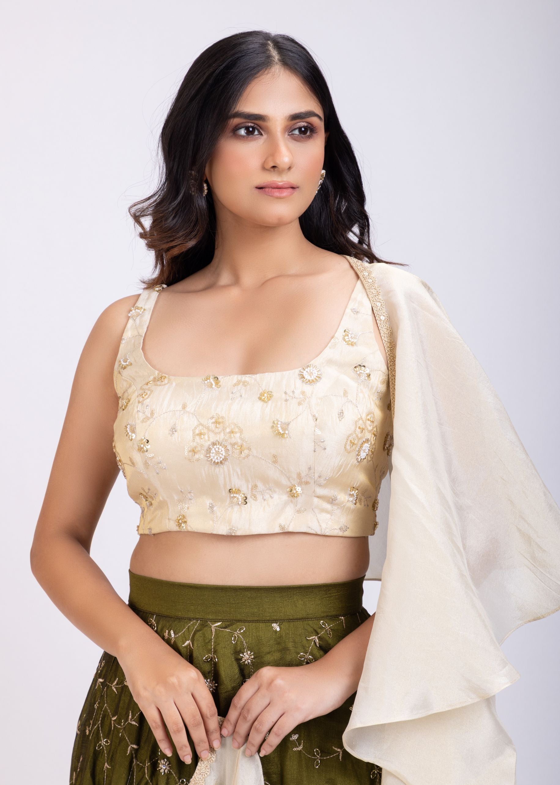 Moss Green and Beige Embroidered Ruffle Lehenga Set Close Up