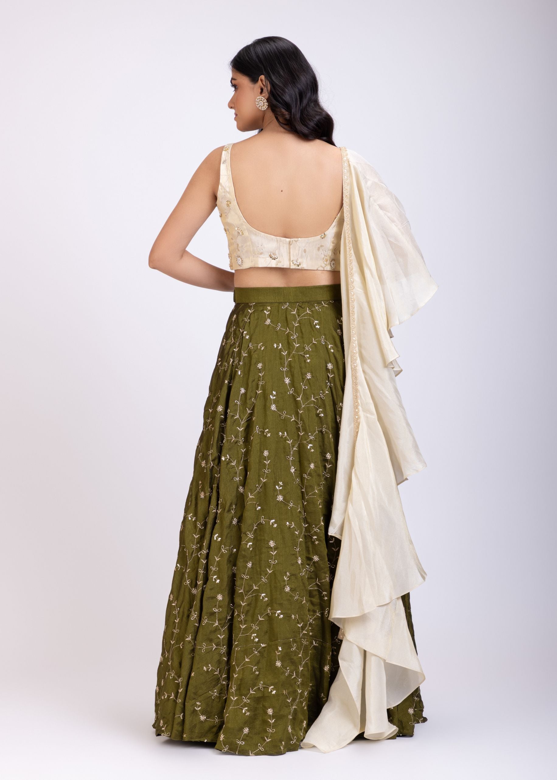 Moss Green and Beige Embroidered Ruffle Lehenga Set Back