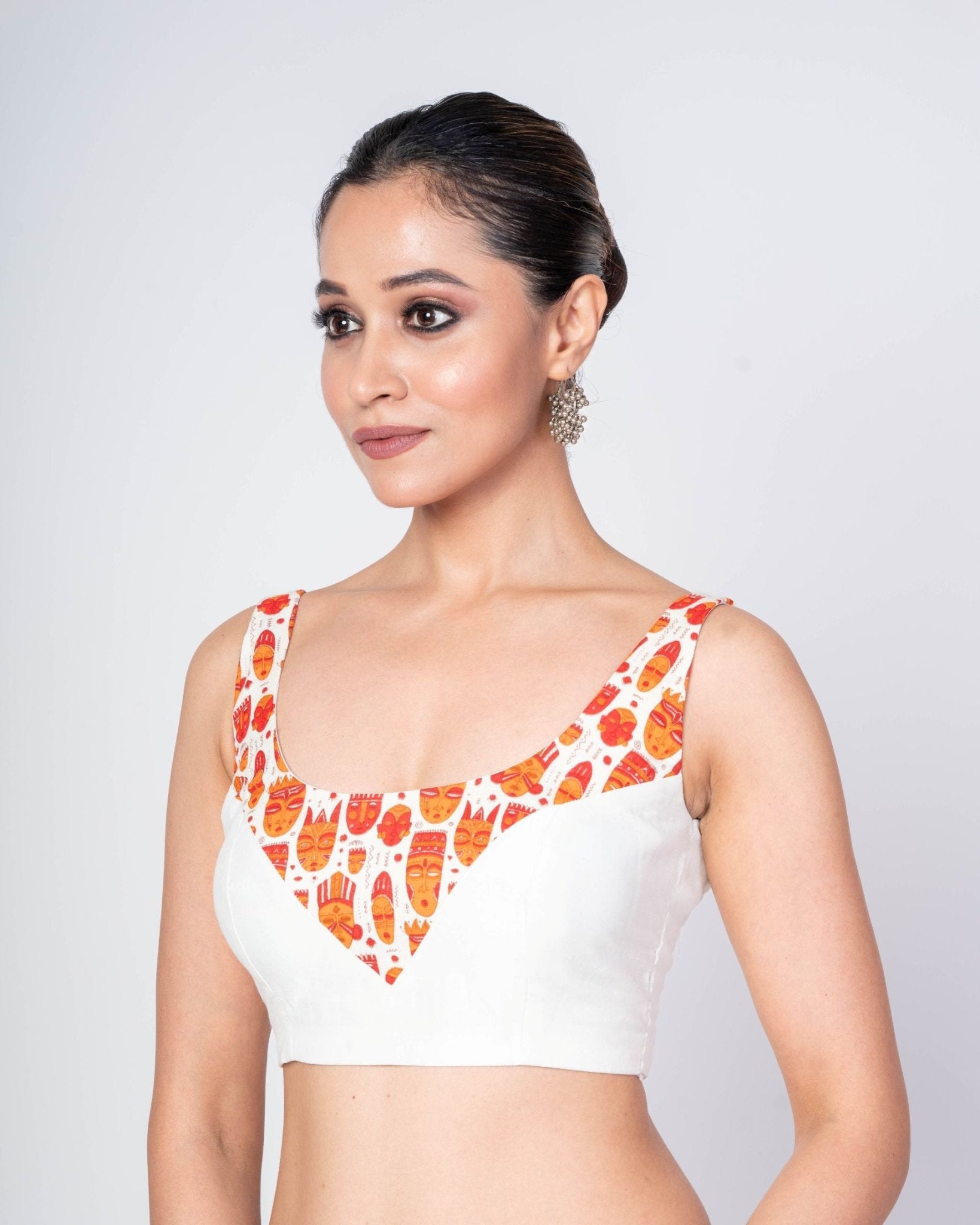 Elegant Multicolor Cotton Sleeveless Blouse with Front and Back U - Neckline Design