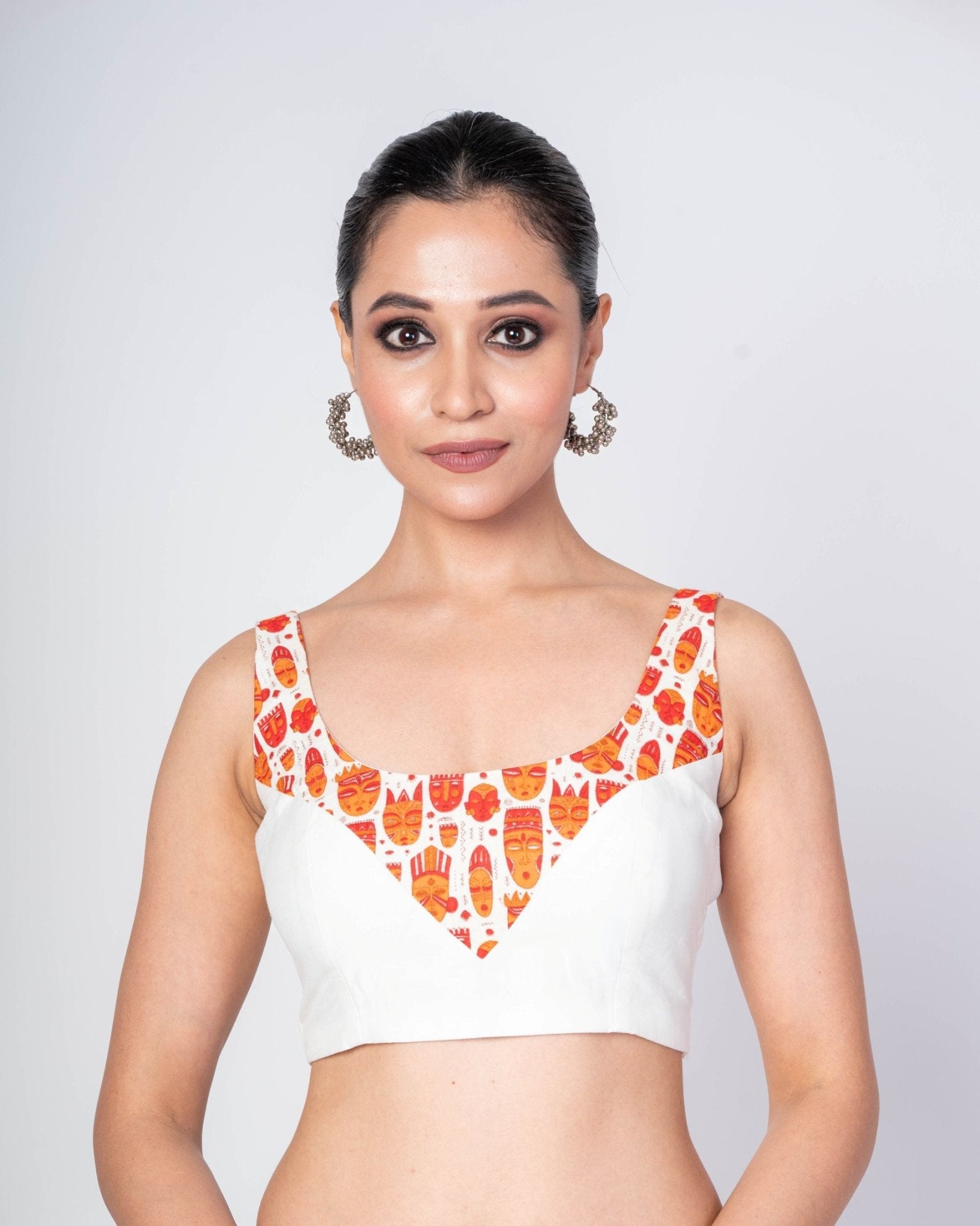 Multicolor Cotton Sleeveless Blouse with Front and Back U - Neckline 