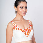 Orange and White Cotton Sleeveless Blouse with Front and Back U - Neckline 