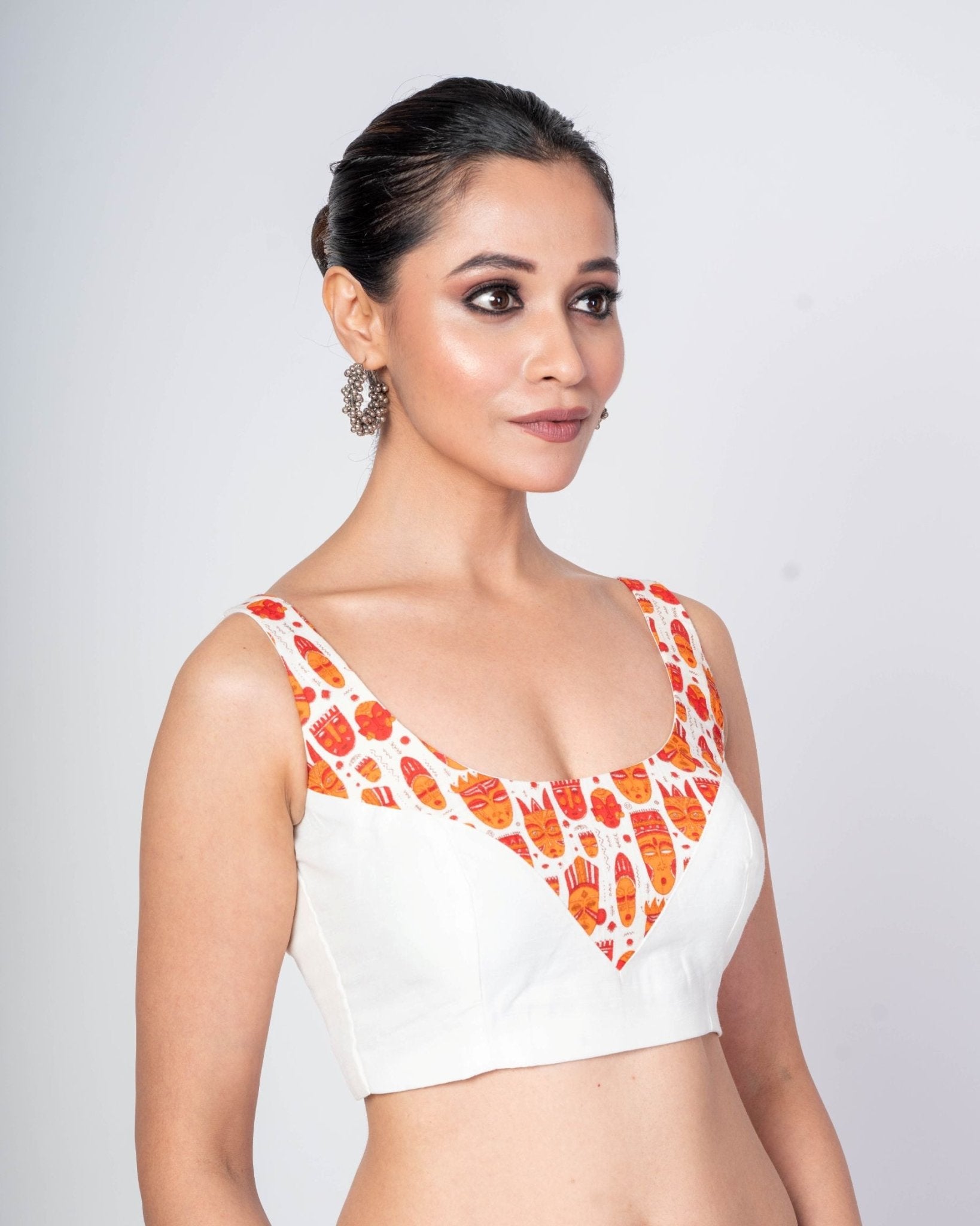 Orange and White Cotton Sleeveless Blouse with Front and Back U - Neckline 