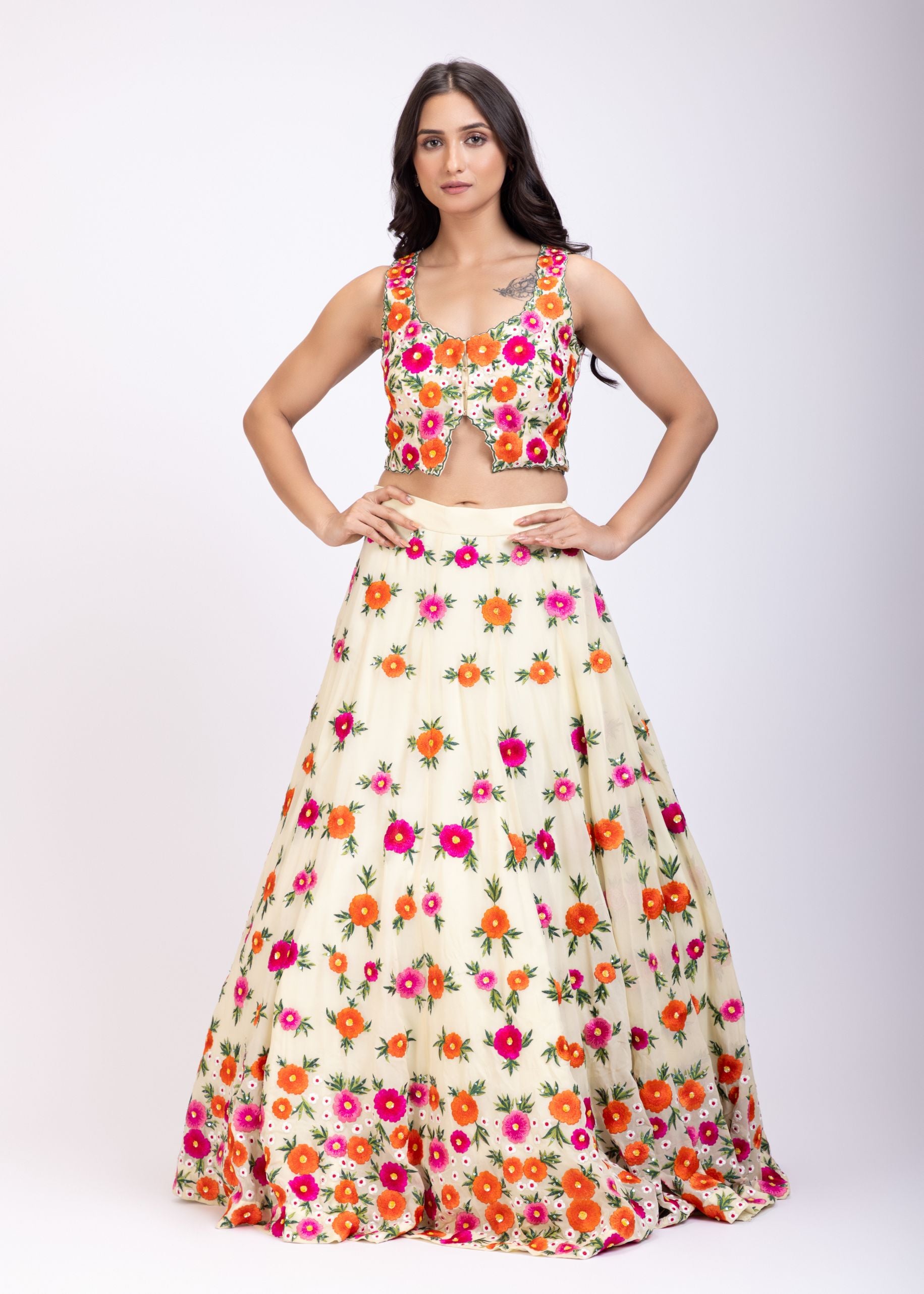 Multicolor Floral Embroidered Croptop Lehenga Set Full