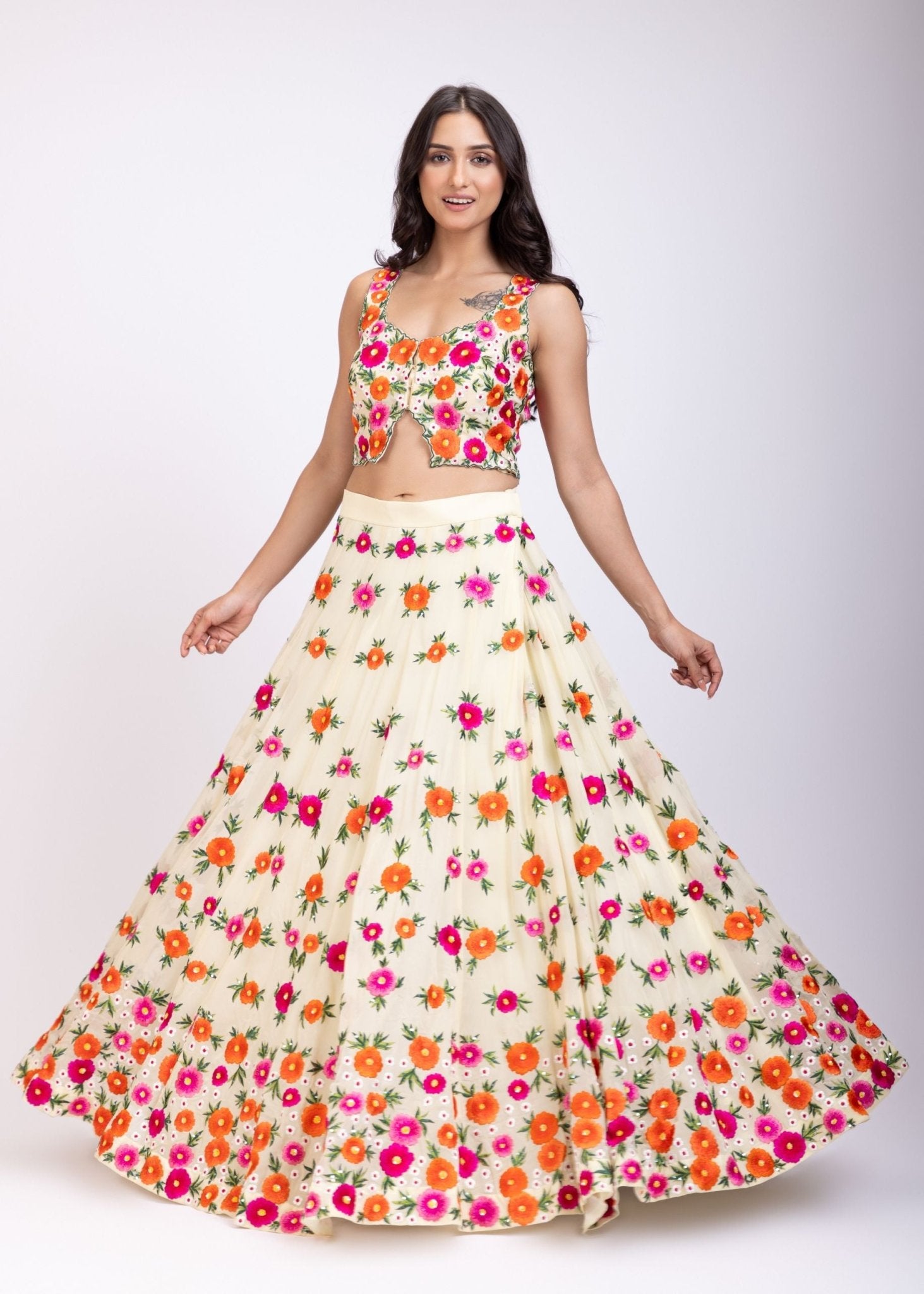 Multicolor Floral Embroidered Croptop Lehenga Set - Anvi Couture