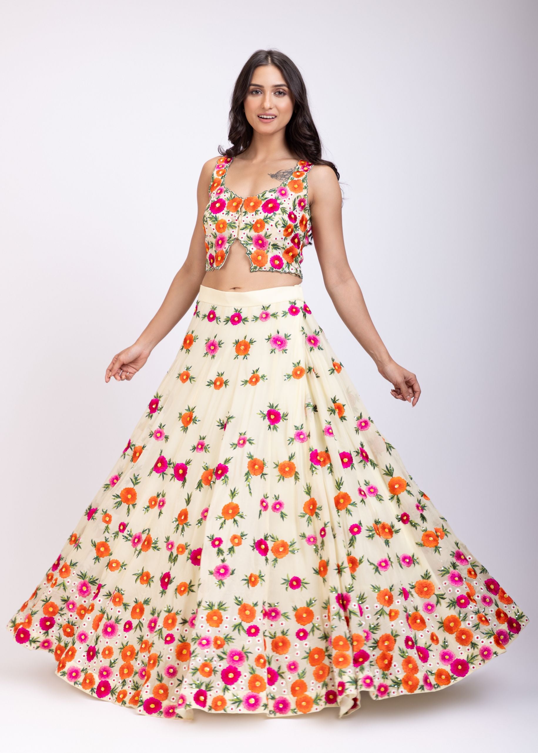 Multicolor Floral Embroidered Croptop Lehenga Set Front