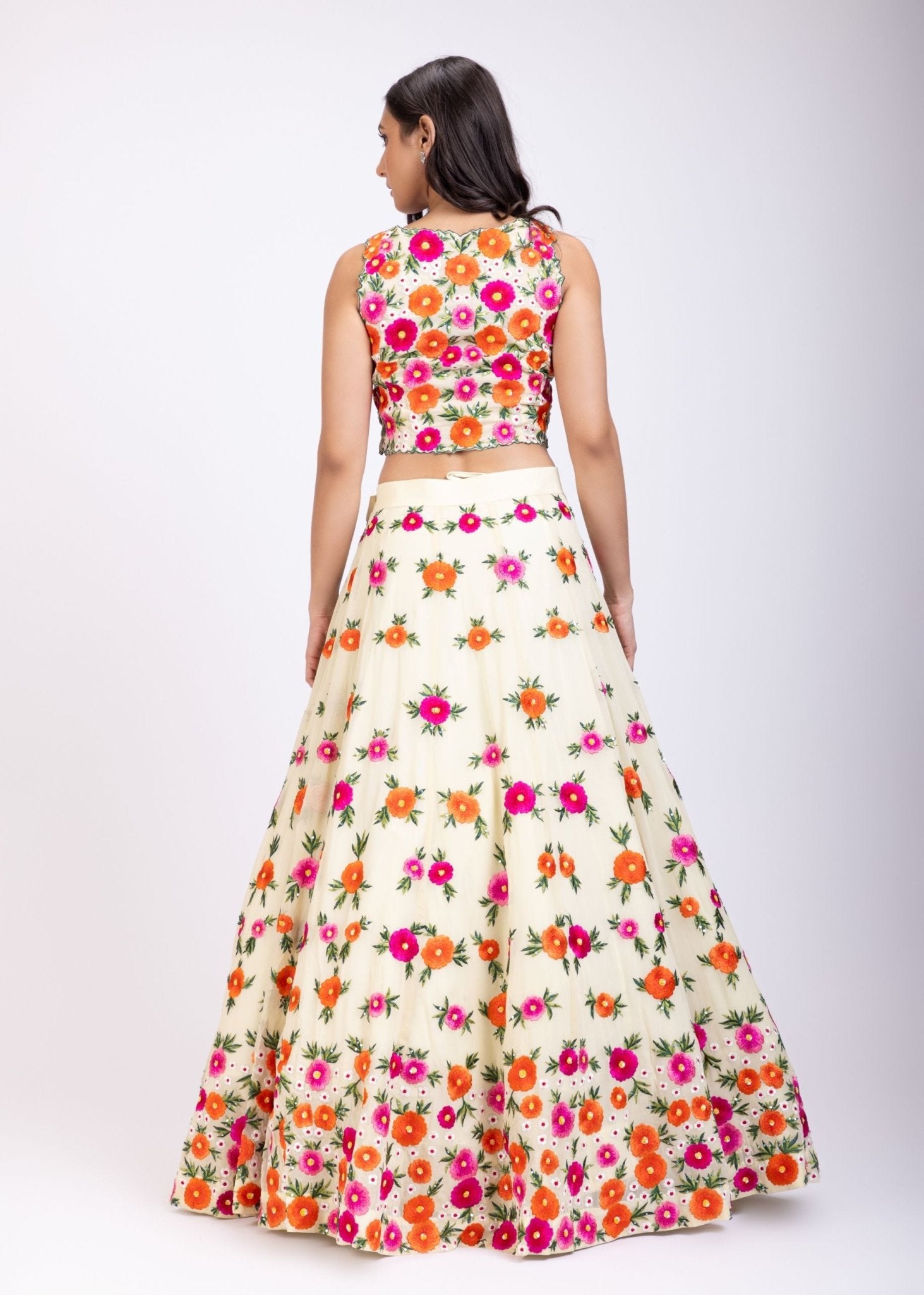 Multicolor Floral Embroidered Croptop Lehenga Set - Anvi Couture