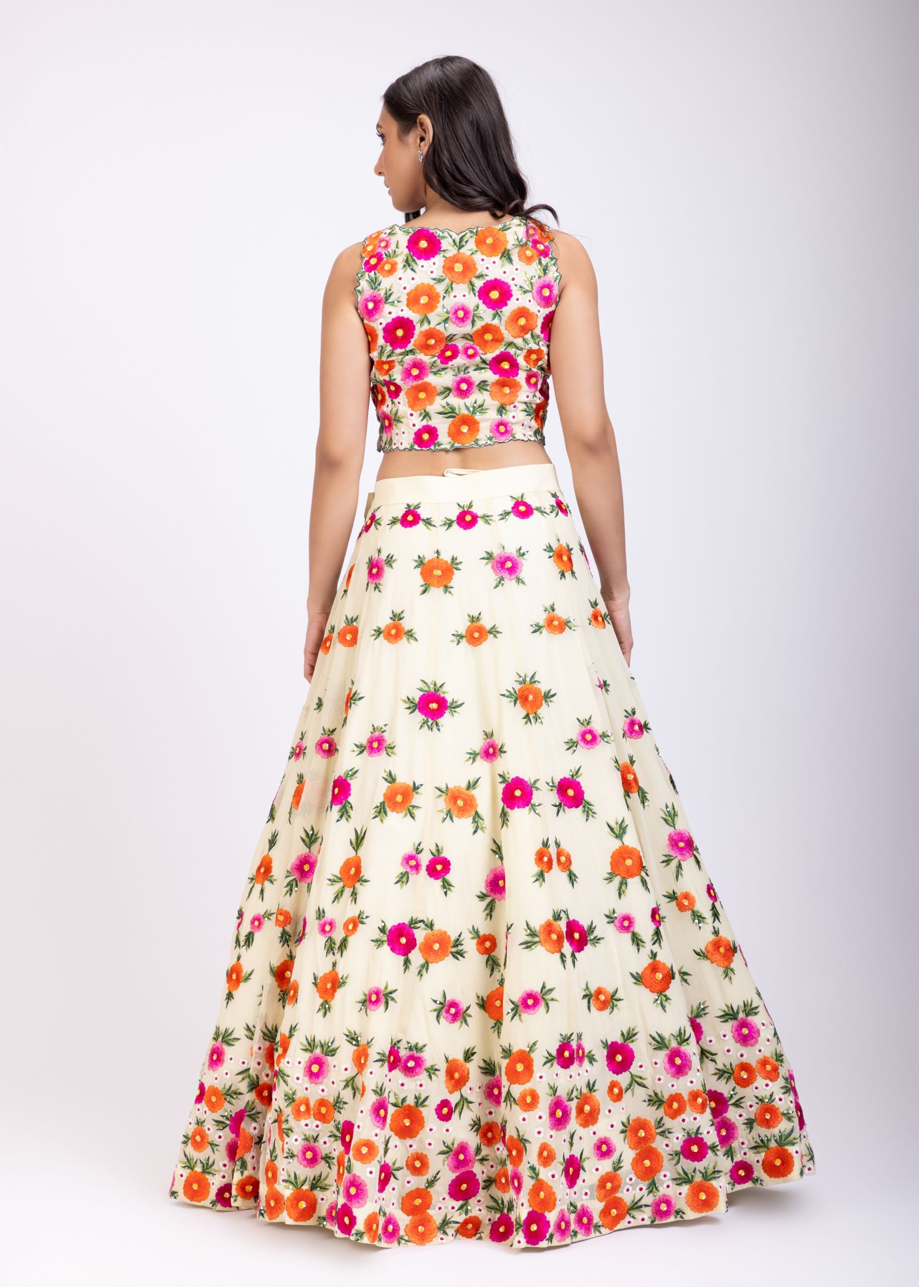 Multicolor Floral Embroidered Croptop Lehenga Set Back