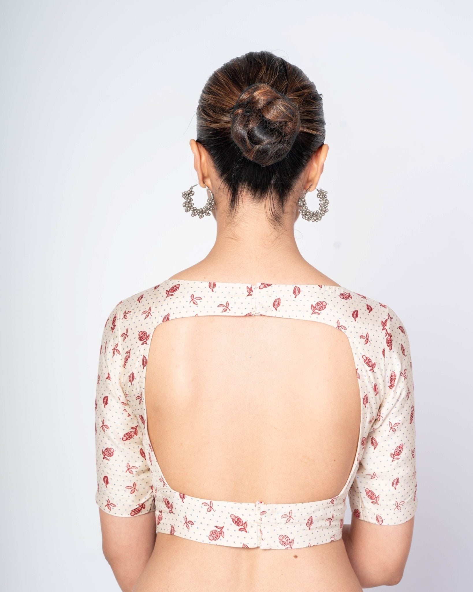 Back View of Multicolor Elbow Sleeves Boat Neck Satin Silk Blouse with Broad Square Back Closure 