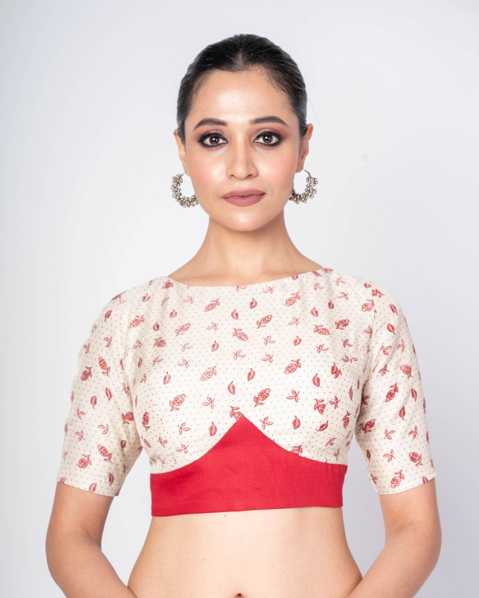 Multicolor Half Sleeves Boat Neck Satin Silk Blouse with Square Back Closure