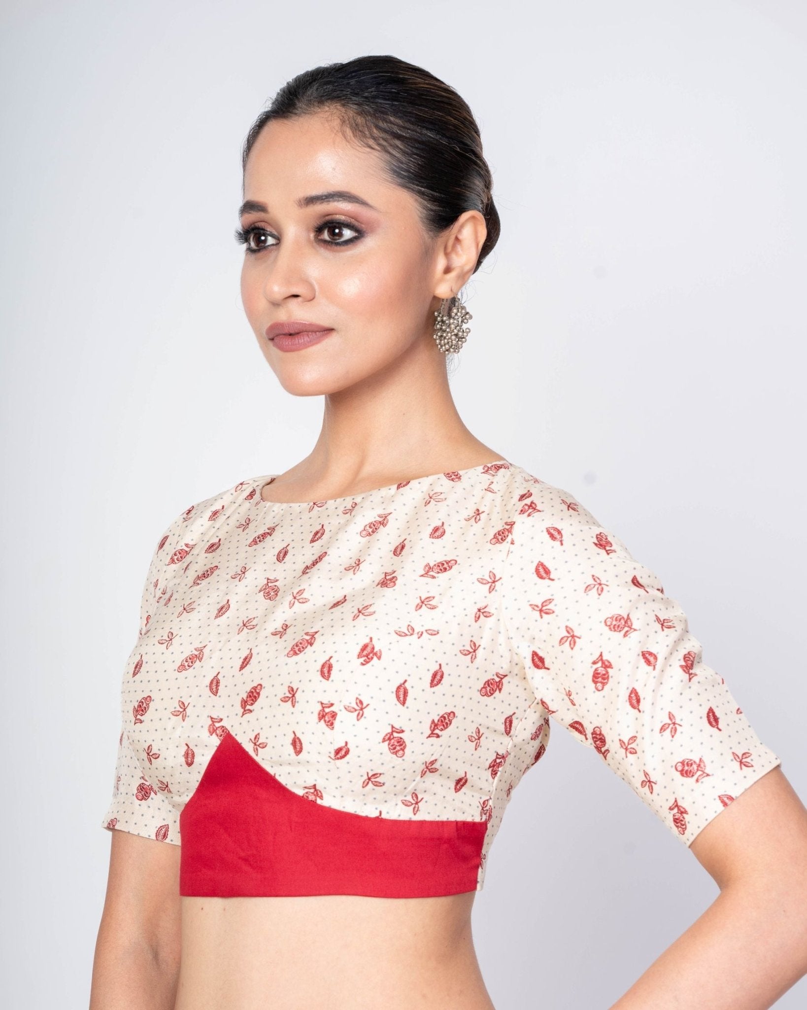 Multicolor Half Sleeves Boat Neck Printed Satin Silk Blouse with Square Back Closure