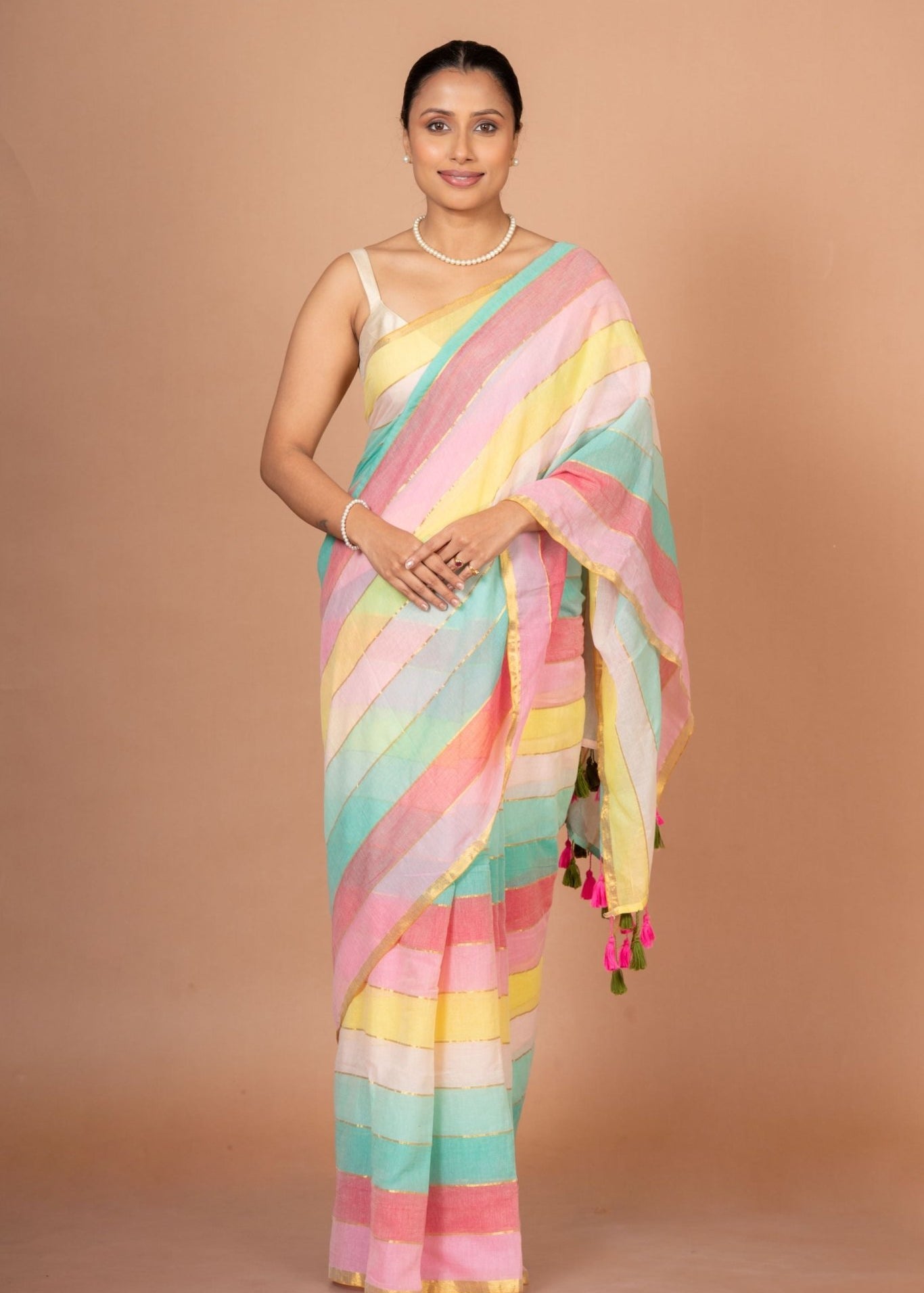 Multicolor Handloom Cotton Saree - Anvi Couture