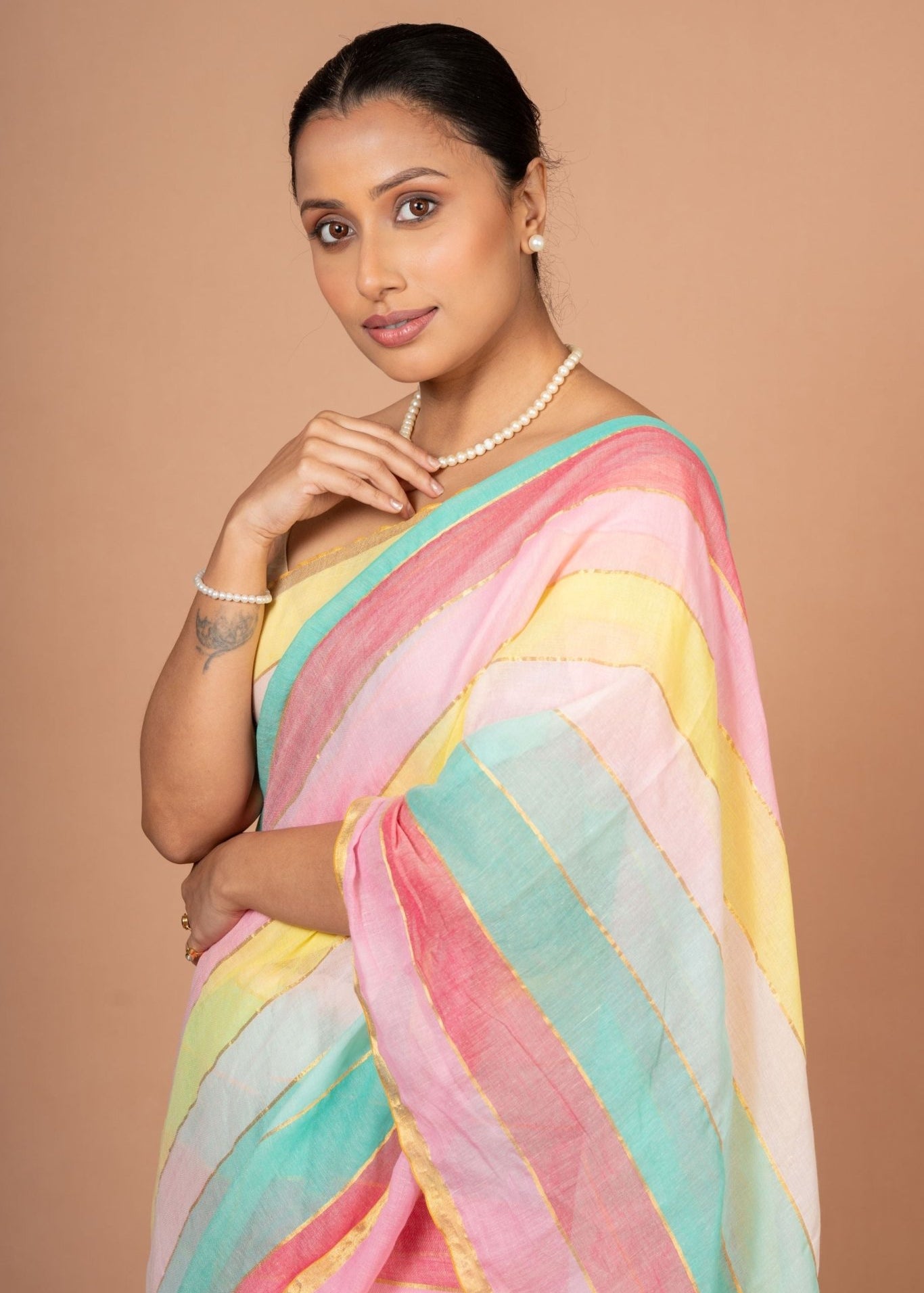 Multicolor Handloom Cotton Saree - Anvi Couture