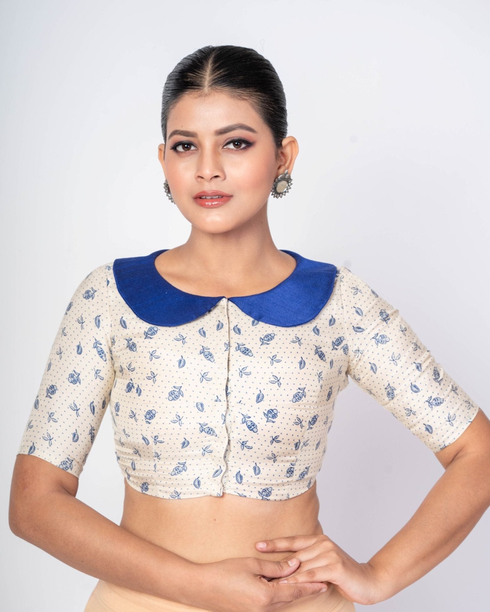 Multicolour Half Sleeves Boat Collar Neck Satin Silk Blouse With Back Closure - Anvi Couture