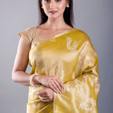 Mustard Yellow Floral Weaved Dola Silk Saree – Floral Weave Close-Up – Anvi Couture