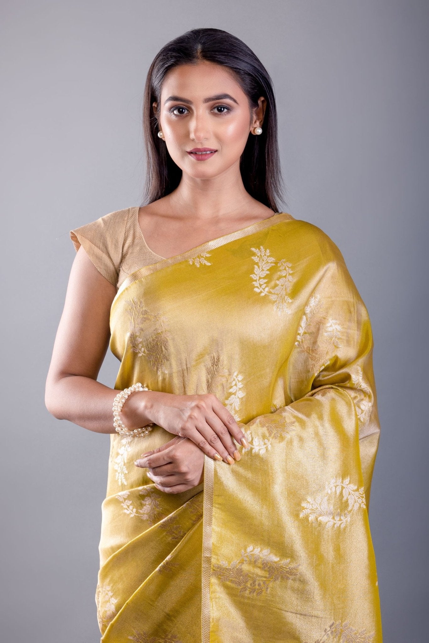 Mustard Yellow Floral Weaved Dola Silk Saree – Floral Weave Close-Up – Anvi Couture