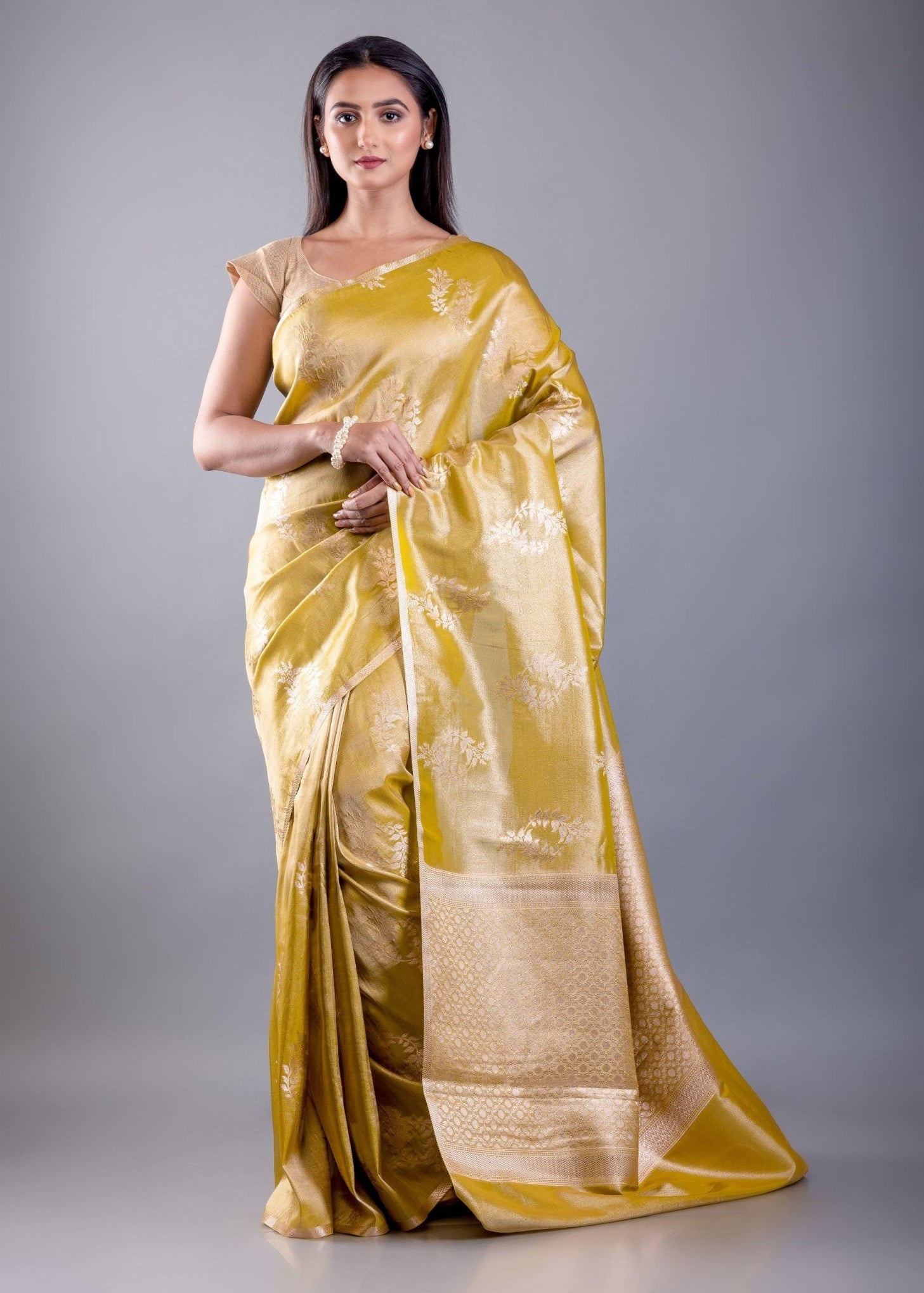 Mustard Yellow Floral Weaved Dola Silk Saree - Anvi Couture